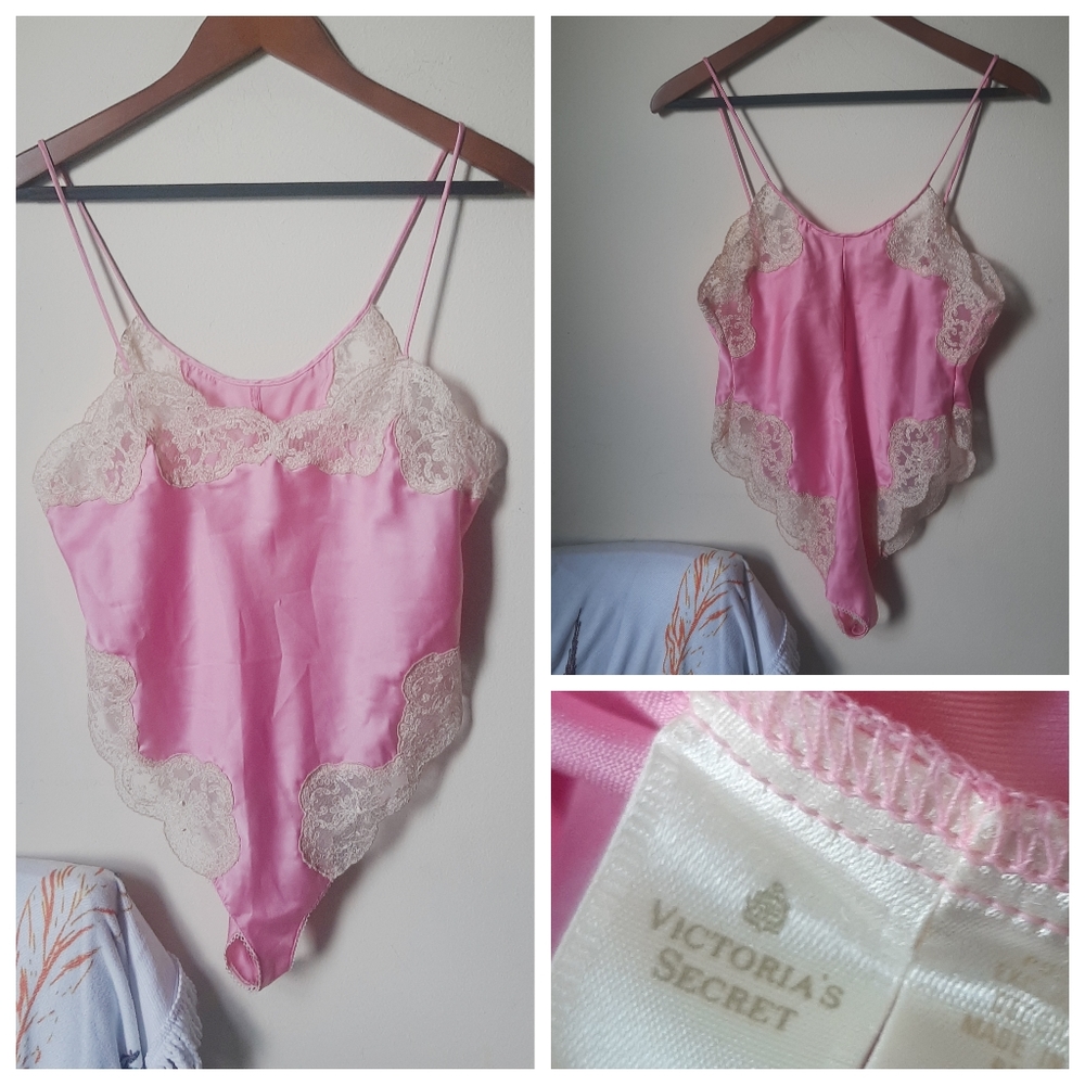 VTG 80s Victoria's Secret Teddy Nightie Lingeie Bodysuit Medium Pink chemise